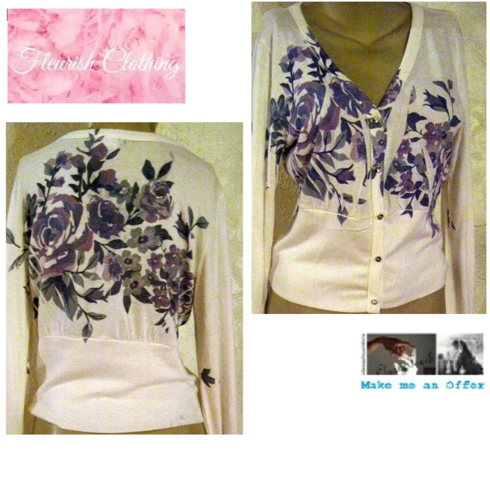 Fleurish White Floral Cardigan Sweater Size XL